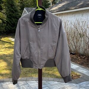 Zara Taupe Cropped Bomber Jacket